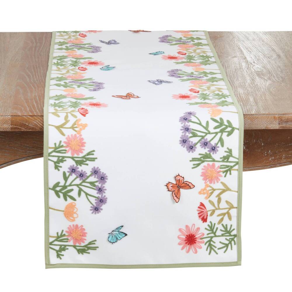 NEW SARO LIFESTYLE embroidered floral butterfly decorative table runner in multi